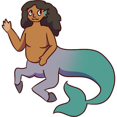 a friendly looking icthyocentaur with medium brown human skin and long dark brown hair. the horse part of their body is gray and the fish tail is teal.